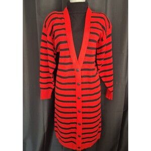 Vtg 80s Red & Black horizonal stripe sweater dress button front knee length sz L